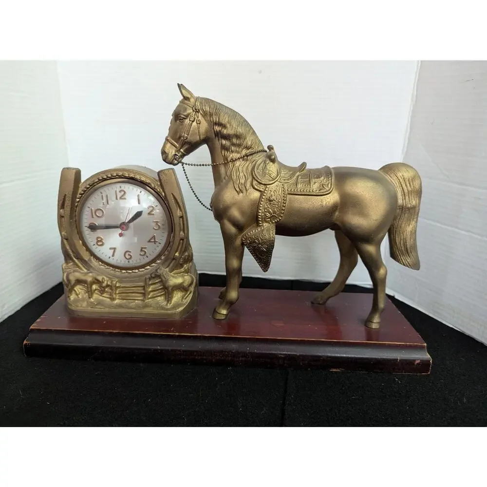 Vintage Kitschy Western Gold Horse Clock Retro Horseshoe Mantel Clock Equestrian